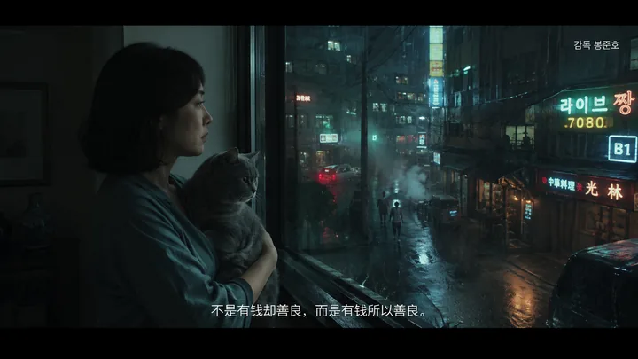 猫窗系列第 38 张，奉俊昊 / Bong Joon-ho 风格启发画面