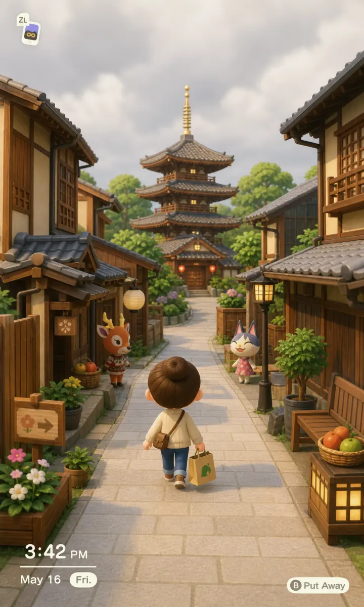 Animal Crossing: New Horizons 风格的京都 · 古街五重塔