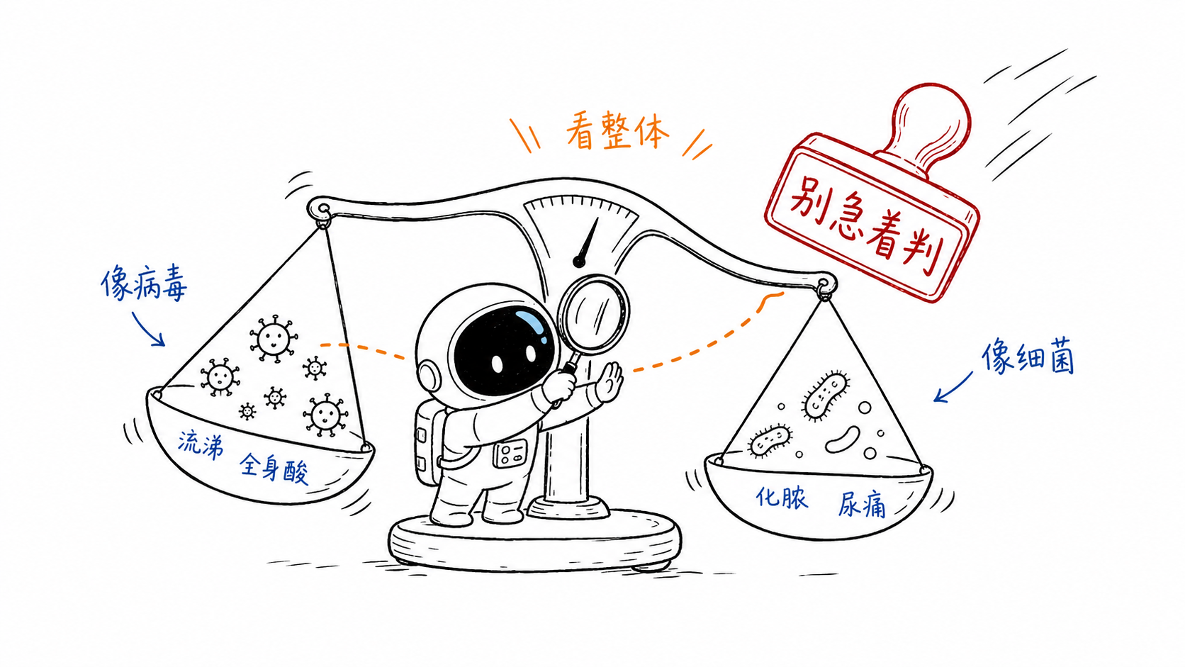 小黑用放大镜观察天平两边的病毒线索和细菌线索